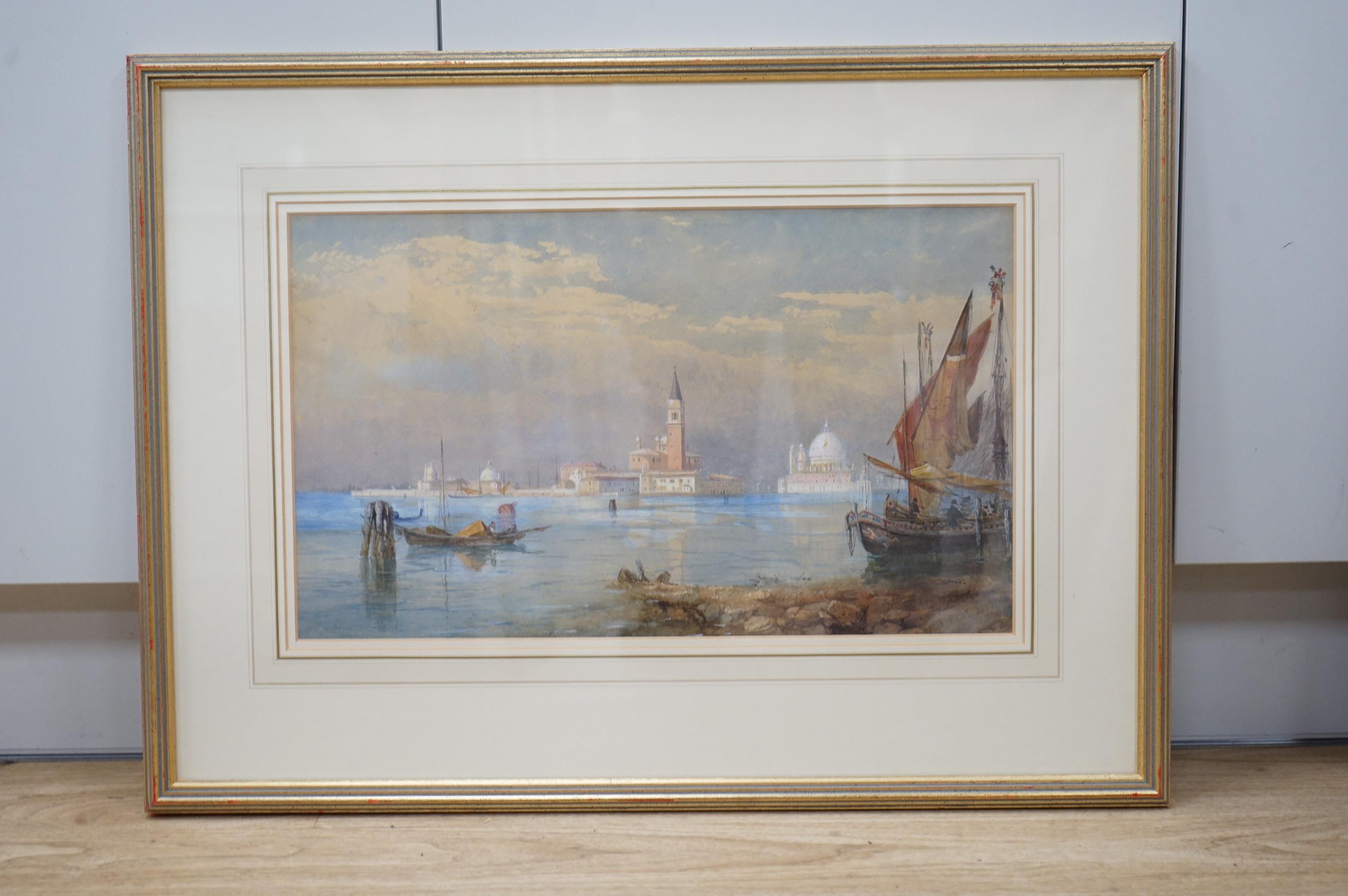Thomas Pyne RI (1843-1935), heightened watercolour, View of Venice from the Lagoon, signed and dated 1877, 28 x 48cm